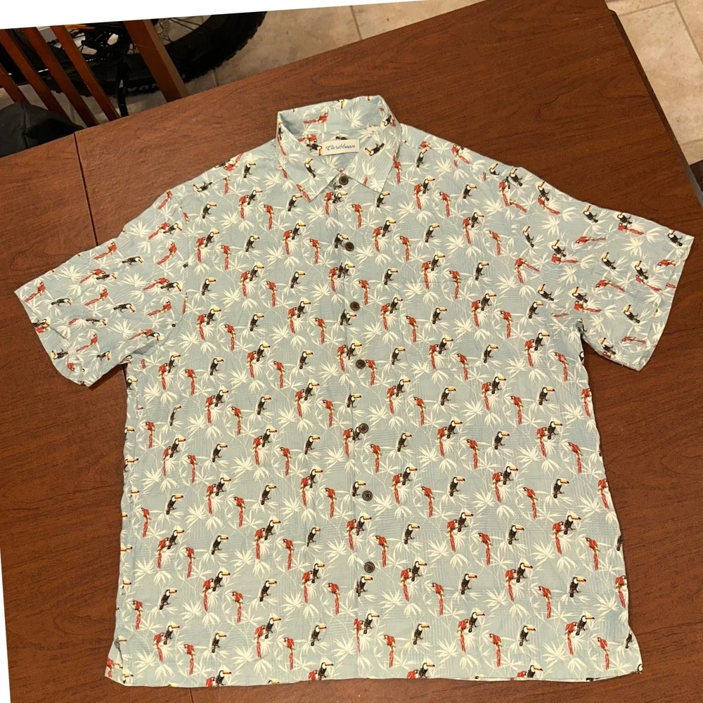 Caribbean Men's XL (Fits XXL) Blue Tropical Bird Rayon Button Down 52